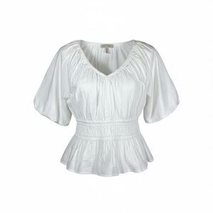 Loft White V Neck Peplum Bell Sleeve Cotton Blend Top M NWOT